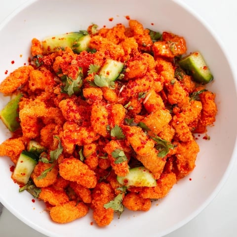 Crushed Flamin Hot Cheeto Salad with diced cucumber and fresh cilantro tossed in a zesty lime-hot sauce dressing.