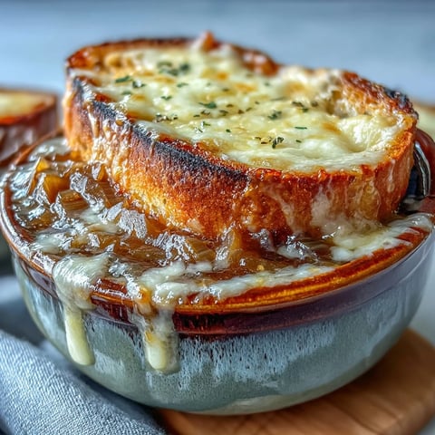 A bowl of classic French Onion Soup with deeply caramelized onions, crusty bread, and melted Gruyère cheese bubbling under the broiler.