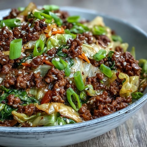 A close-up of Chinese Ground Beef and Cabbage Stir-Fry, featuring sautéed beef and glossy cabbage in a savory brown sauce, garnished with sliced green onions.