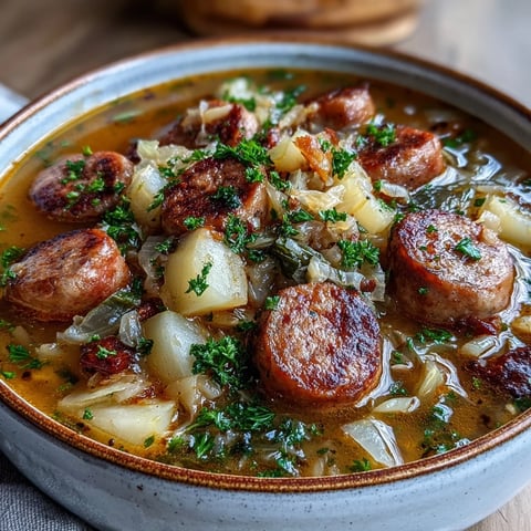 A steaming bowl of Sausage, Potato and Cabbage Soup garnished with fresh parsley, featuring tender potato chunks and savory smoked sausage slices.  