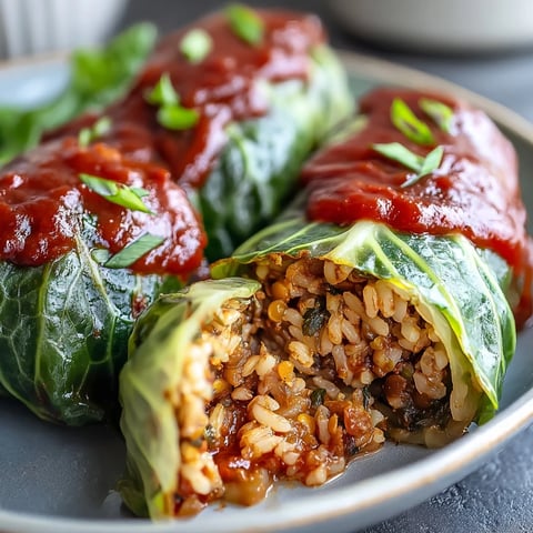 Golden-brown baked vegan cabbage rolls simmering in rich tomato sauce, garnished with fresh parsley on a white plate.  