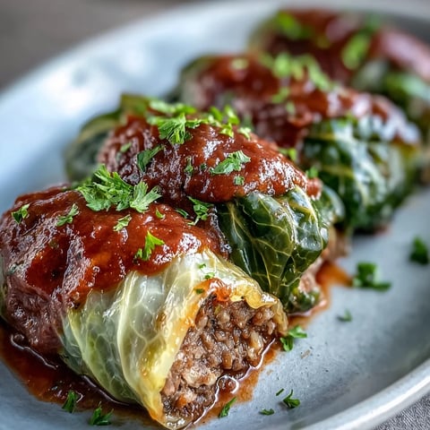 Golden-baked Cabbage Rolls in rich tomato sauce, garnished with fresh parsley for a comforting meal.