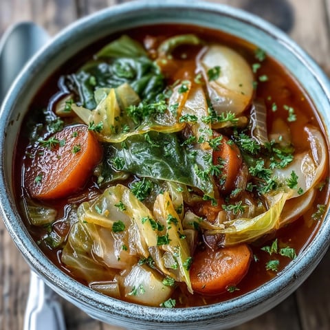 A steaming bowl of Classic Cabbage Soup with tender cabbage and carrots in a rich tomato broth, ready to serve.  