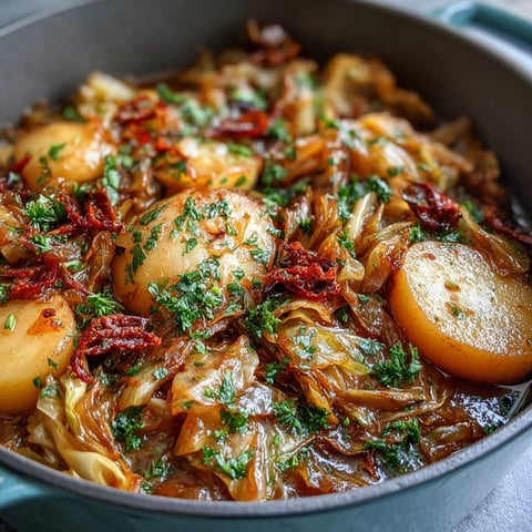 Freshly braised cabbage with potatoes and chili steaming in a rustic pot, garnished with chopped parsley and lemon wedges for a bright finish.