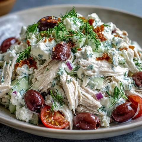 Bright and creamy Tzatziki Chicken Salad features shredded rotisserie chicken, crisp cucumber, red onion, and fresh dill served over greens.