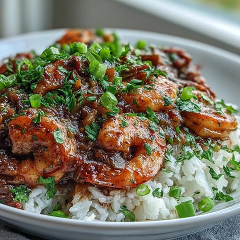 A bowl of Classic New Orleans Étouffée featuring tender shrimp in a rich, dark roux sauce over fluffy white rice.