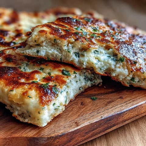Golden-brown Easy Garlic Naan Bread fresh from a hot skillet, brushed with melted butter and minced garlic for a fragrant finish.