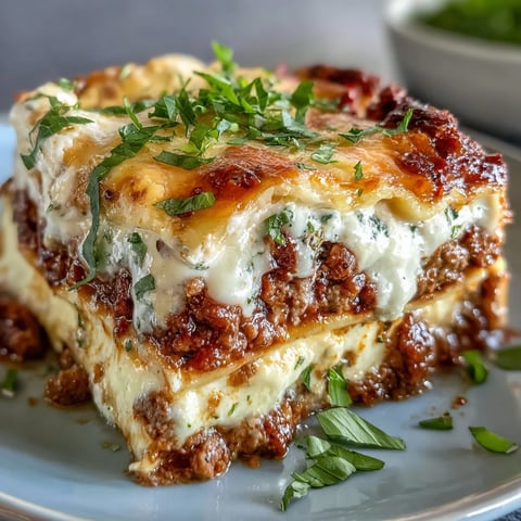 Golden, bubbly mozzarella tops layers of the Worlds Best Lasagna with rich meat sauce and creamy ricotta.