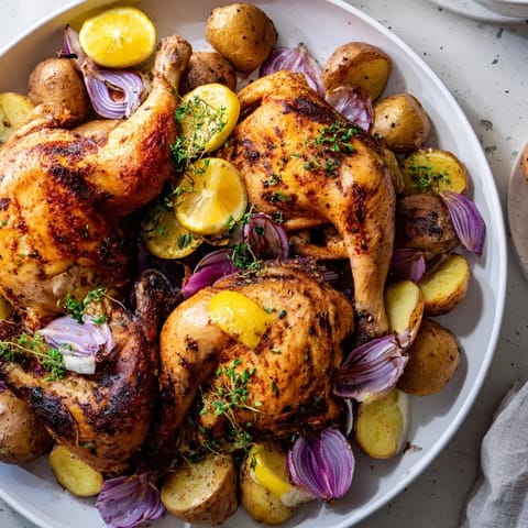 Close-up of flavorful One-Dish Baked Chicken Thighs with crispy skin, glistening in the baking dish with root vegetables.
