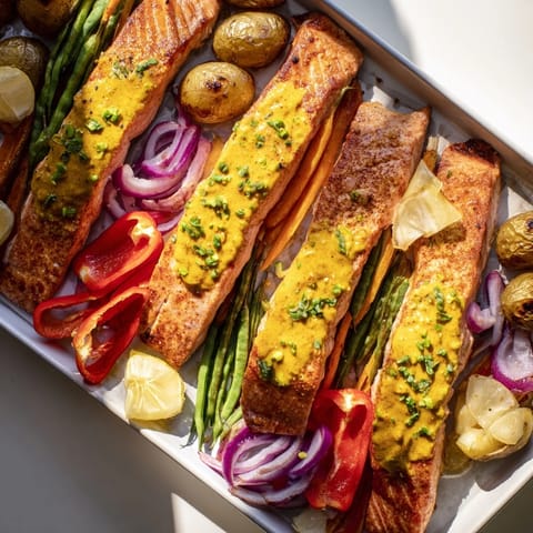 Tender salmon baked alongside colorful veggies, all glistening with honey mustard sauce, a one-tray delight.
