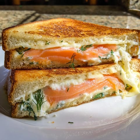 Crispy sourdough Smoked Salmon Grilled Cheese sandwich, layered with salmon and melted cheese, perfect for lunch.