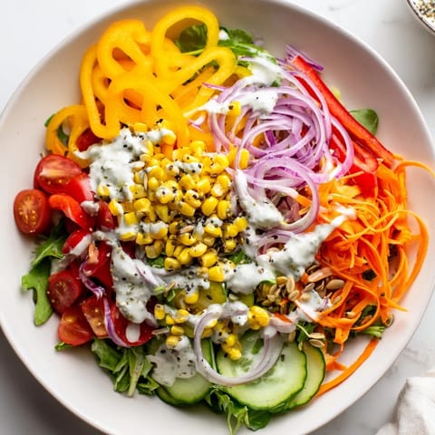 Fresh Rainbow Salad overflowing with crisp, raw vegetables, drizzled with tangy tahini dressing, perfect lunch.