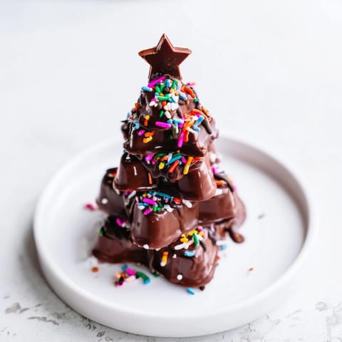Close-up of freshly made Chocolate Kinder Christmas Trees, sprinkled with colorful festive decorations, perfect dessert.