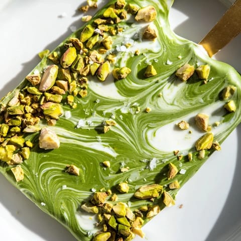 Close-up of freshly made pistachio matcha white chocolate, swirled and ready to enjoy on a plate.