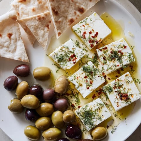 This Turkish Olives & Cheese Board presents a rustic spread with feta, olives, and golden honey drizzled over cheese.