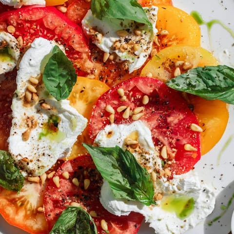 Juicy heirloom tomatoes and torn burrata on a board, drizzled with basil oil for a fresh Mediterranean bite.
