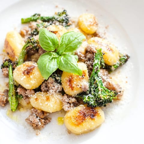 A hearty Sheet Pan Gnocchi Bake with crispy gnocchi, savory sausage, and tender broccolini ready to serve.  