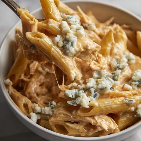 A skillet of steaming Buffalo Chicken Pasta, featuring penne, melted mozzarella, and fresh chives for a tangy, savory finish.  