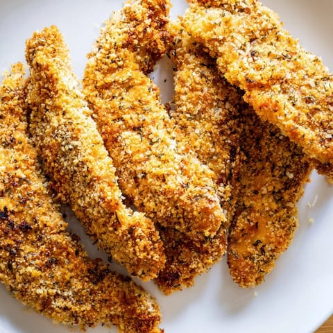 A close-up of herbed panko-breaded chicken strips, baked to perfection for a family-friendly dinner.