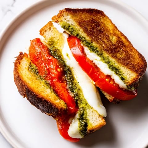 Golden, crispy sourdough slices are filled with melted mozzarella, juicy tomato, and aromatic basil pesto in this Caprese Pesto Grilled Cheese.