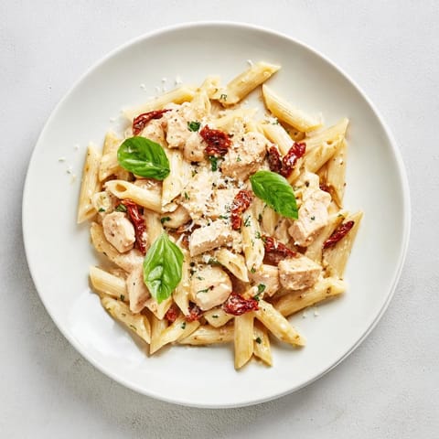Creamy Sun-Dried Tomato Chicken Pasta with tender penne and juicy chicken strips in a rich garlic cream sauce, garnished with fresh basil.