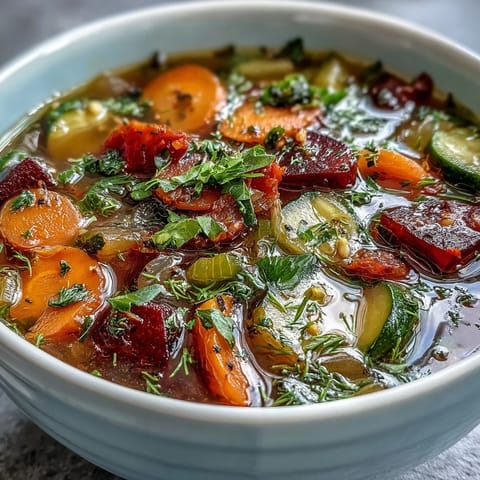 Steaming bowl of Rainbow Vegetable Detox Soup packed with vibrant, tender garden-fresh veggies.