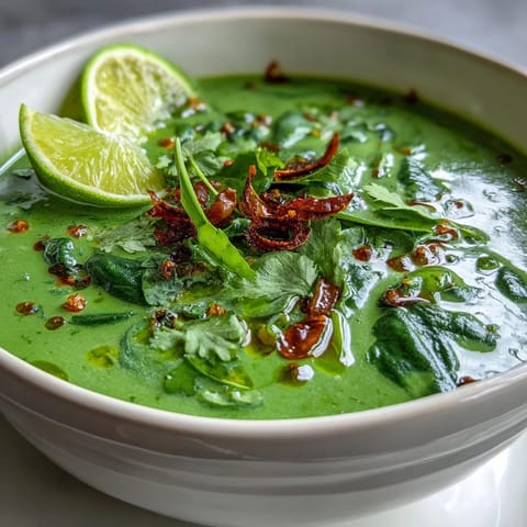 Creamy spinach coriander lemongrass soup in a white bowl, garnished with fresh cilantro and lime wedges.