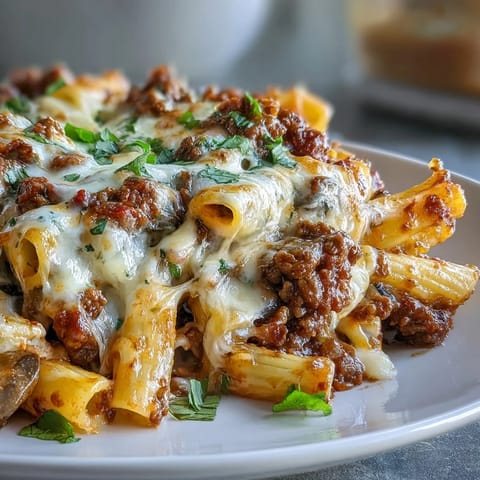 Golden, bubbling mozzarella and Parmesan top this hearty Italian-American pasta bake, packed with lean ground beef, vegetables, and whole wheat penne for a satisfying family dinner.