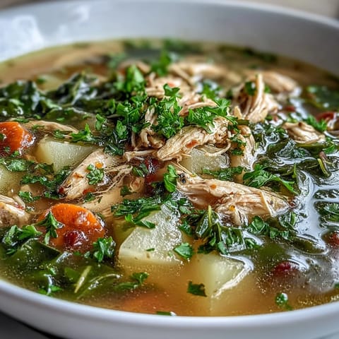 Comforting Collard Greens and Chicken Soup, featuring soft potatoes, ready to serve.