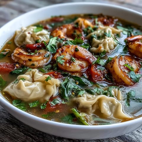 Fragrant Thai-inspired Tom Yum Wonton Soup served hot, garnished with fresh cilantro, lime wedges, and a drizzle of chili oil.