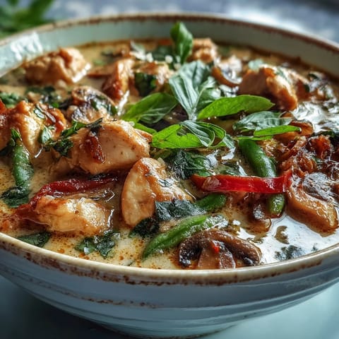 A comforting bowl of Thai Chicken Coconut Curry Soup garnished with fresh cilantro, Thai basil, and lime wedges.