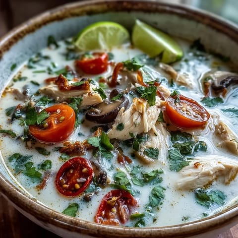 Steaming Best Ever Tom Kha Gai Soup in a rustic bowl, showcasing bright chili slices and lime wedges on the side.