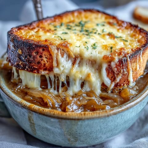 Hearty French Onion Soup served in a rustic oven-safe bowl, featuring rich beef broth and savory thyme-scented onions topped with toasted bread.