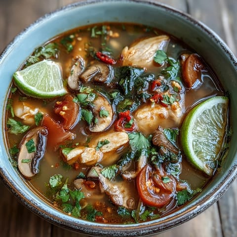 Fragrant steam rises from vibrant Tom Yum Gai soup garnished with fresh cilantro and lime wedges on a rustic wooden table.  