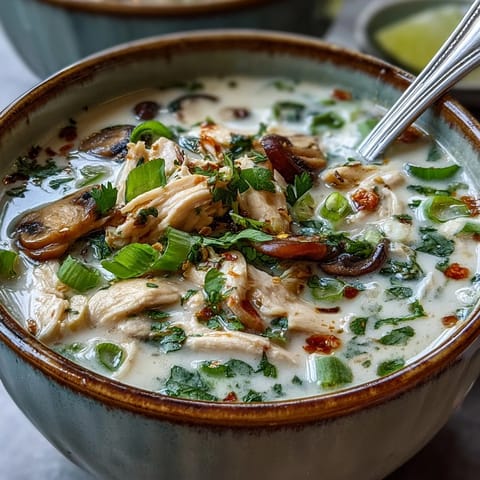 Fresh lime wedges and cilantro garnish this steaming bowl of authentic Tom Kha Gai, highlighting its vibrant, tangy, and creamy Thai flavors.