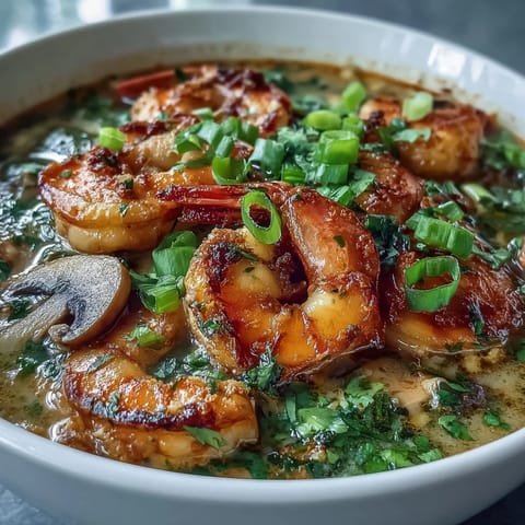 Thai Coconut Shrimp Soup simmering with succulent shrimp, mushrooms, and red curry paste in a creamy coconut milk broth.
