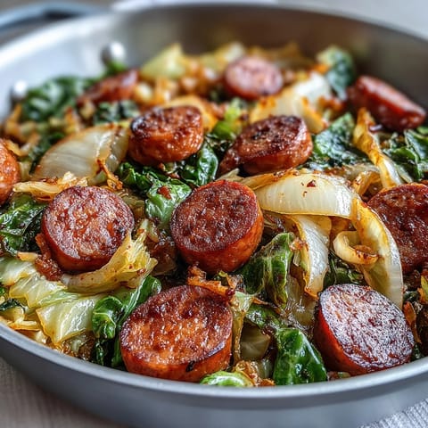 A close-up of Smothered Cabbage With Sausage Skillet highlights the caramelized edges of cabbage and juicy sausage, with a colorful mix of onion, bell pepper, and herbs.  