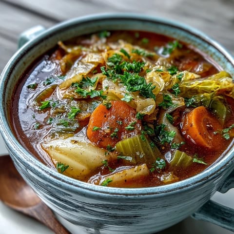Close-up on chopped cabbage, celery, and onions simmering in a pot of Classic Cabbage Soup, perfect for chilly days.  