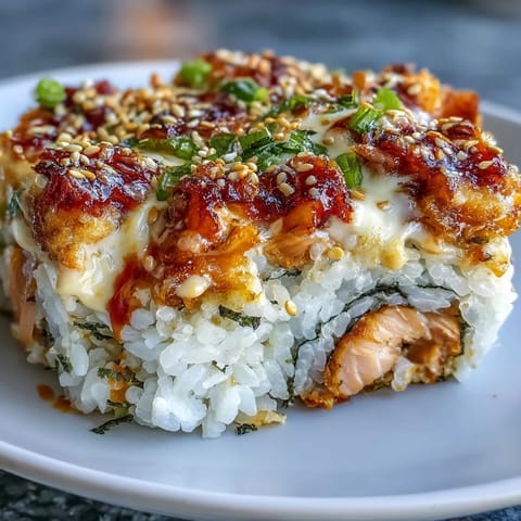 Golden bubbling Spicy Salmon Sushi Bake topped with sesame seeds and green onions, ready to scoop. 