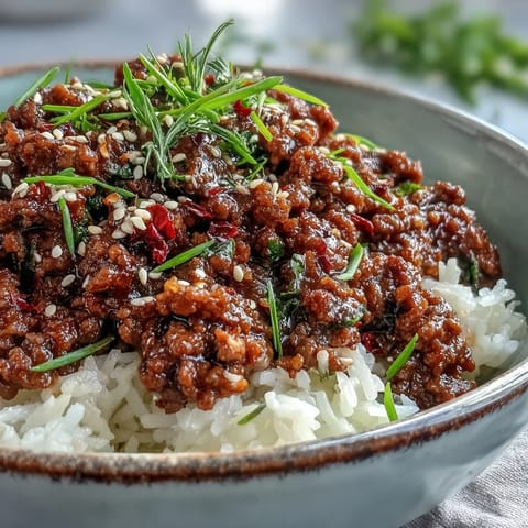 A skillet of Korean-Style Ground Turkey garnished with toasted sesame seeds and chives, served alongside fluffy steamed rice.