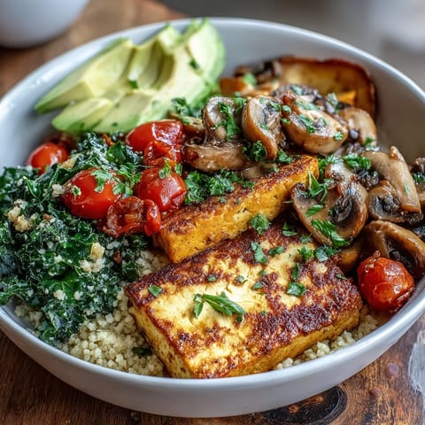 Warm Scrambled Tofu Breakfast Bowl featuring turmeric-seasoned tofu, garlicky mushrooms, and wilted kale served over hearty couscous.