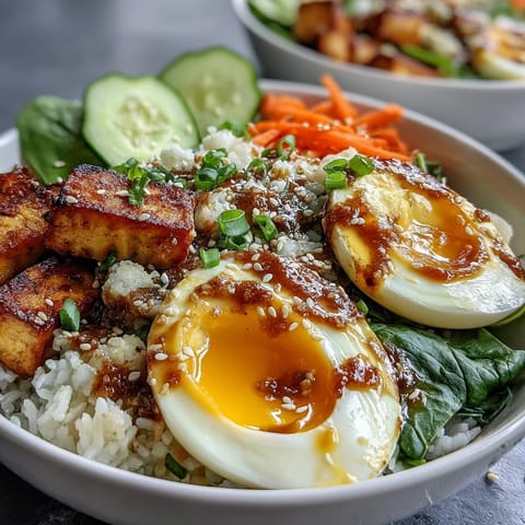 Beautiful Tofu Jammy Egg Breakfast Bowl brimming with colorful fresh ingredients.