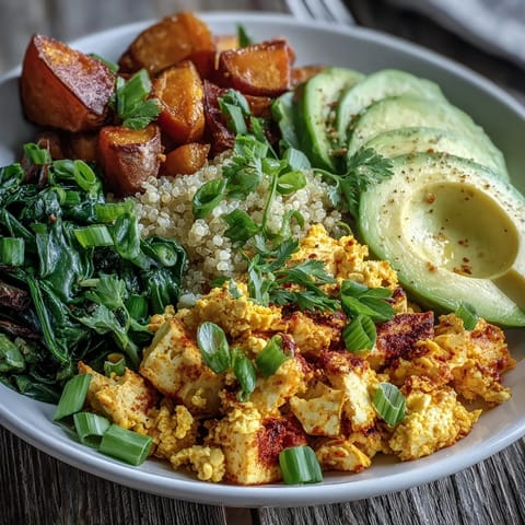 Colorful Tofu Scramble Vegan Breakfast Bowl piled high with sweet potatoes and avocado.