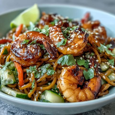 Enjoy a quick 15-Minute Asian Noodle Bowl topped with juicy grilled shrimp now.