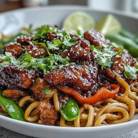 Tender Sesame Chicken Noodles, piled high with fresh vegetables and a glossy sauce.