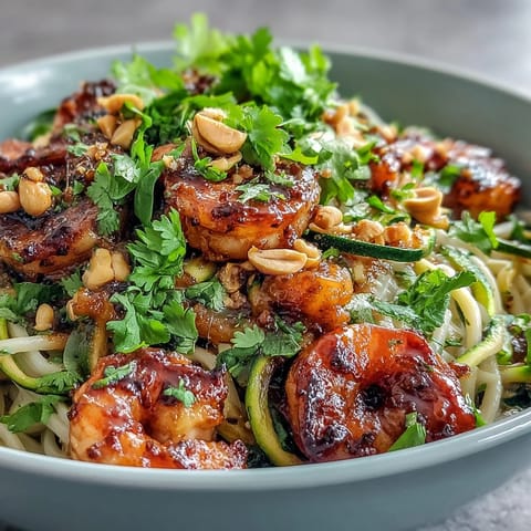 Colorful ingredients for a fresh Asian Noodle Bowl, including shrimp, rice noodles, carrots, and cilantro, ready to cook.