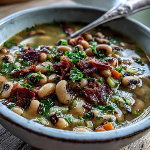 Close-up of Black-Eyed Peas and Bacon Soup with carrots and celery in a rustic bowl.