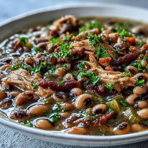 A hearty bowl of Black-Eyed Peas With Smoked Turkey, served alongside golden cornbread and a colorful side salad for a classic Southern meal.