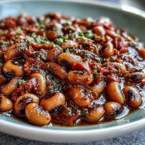 Close-up of tender Greek-Style Slow Cooker Black-Eyed Peas stewed with tomatoes and aromatic herbs.