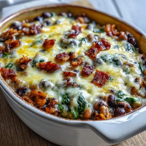 Golden, bubbly Tex Mex Black Eyed Pea Casserole fresh from the oven, topped with melted cheddar.